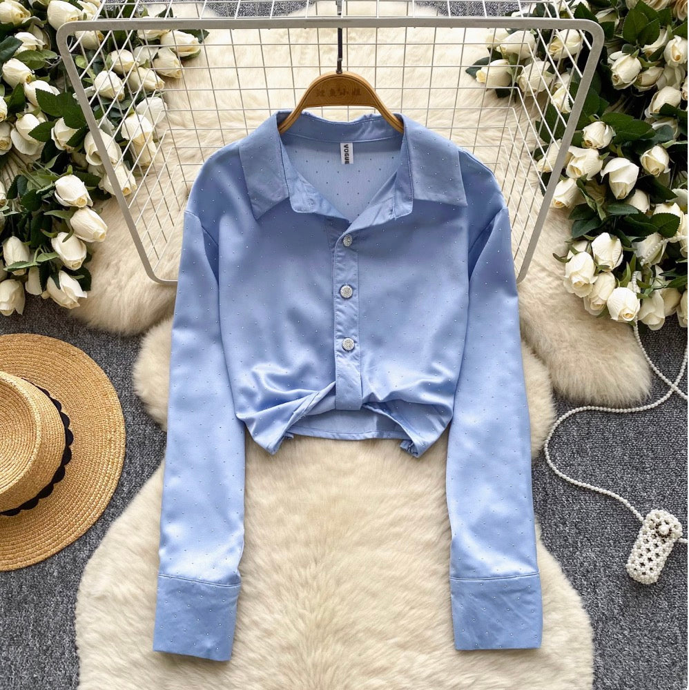 Chic Rhinestone Studded Knotted Shirt