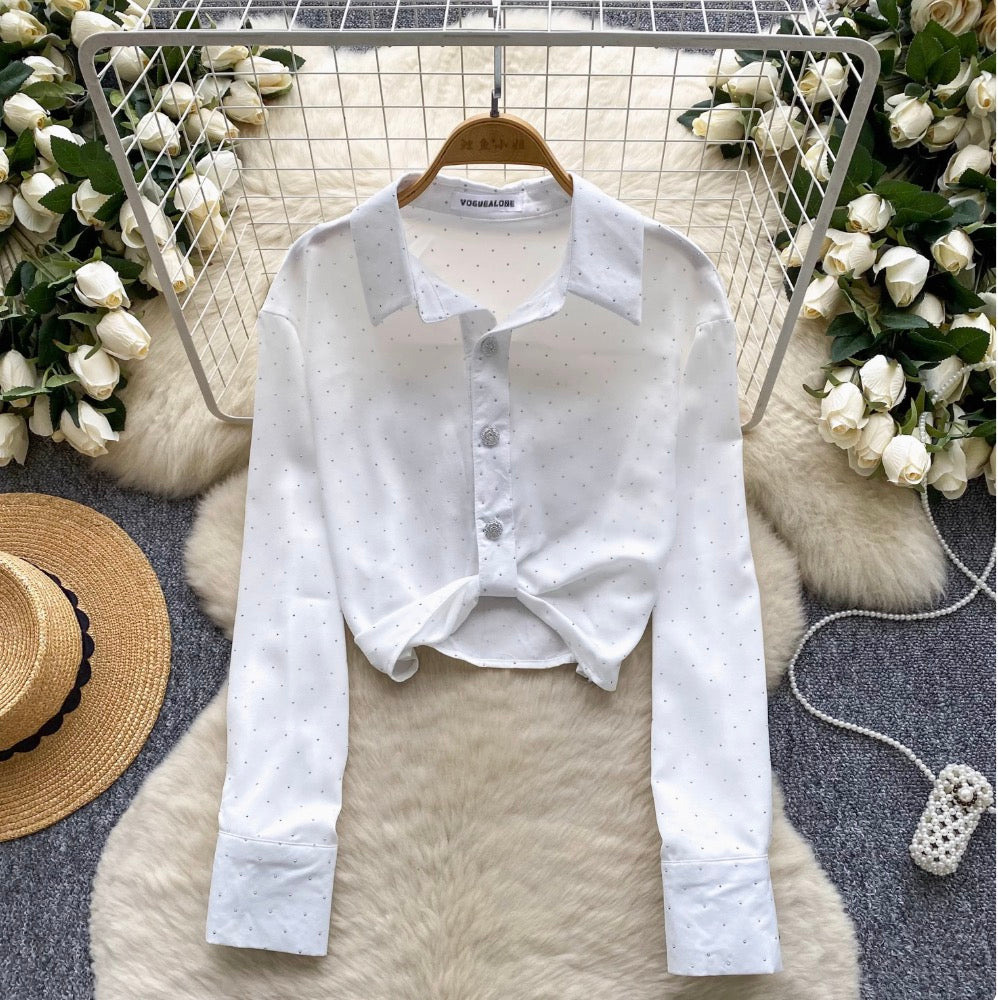Chic Rhinestone Studded Knotted Shirt