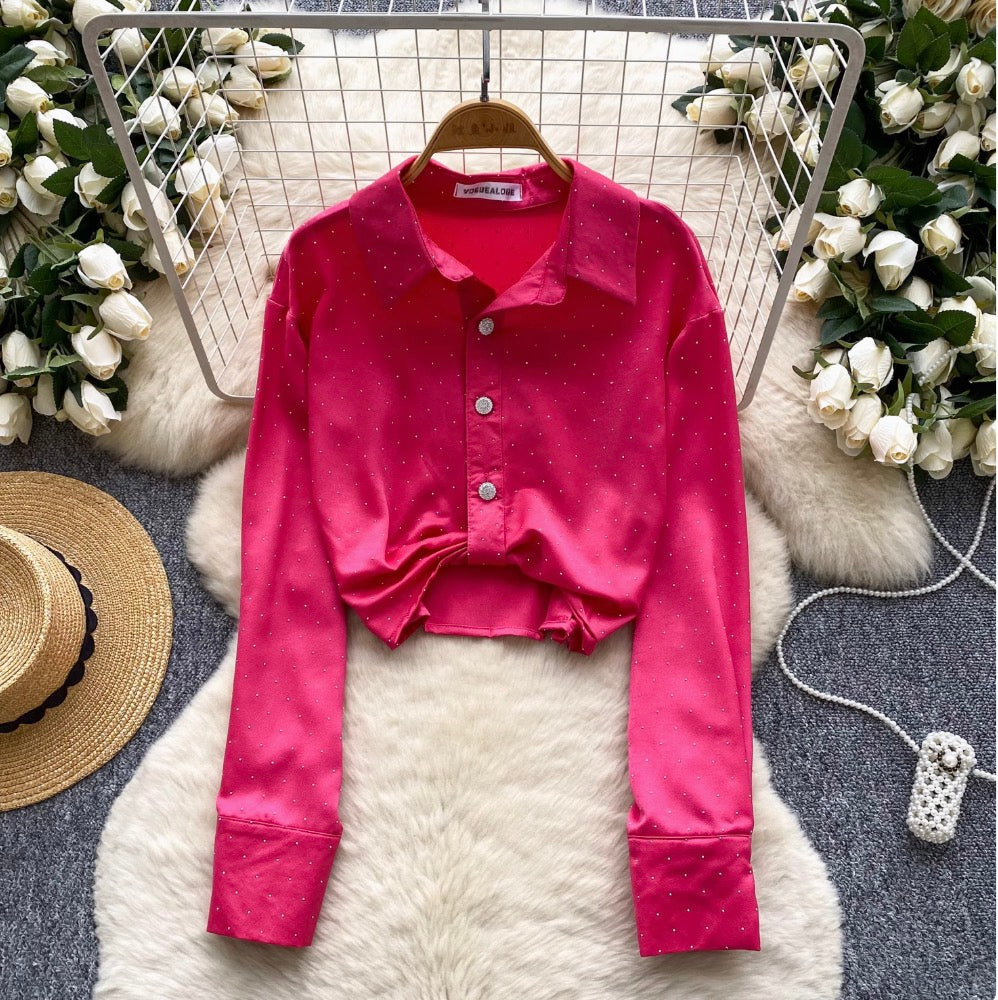 Chic Rhinestone Studded Knotted Shirt