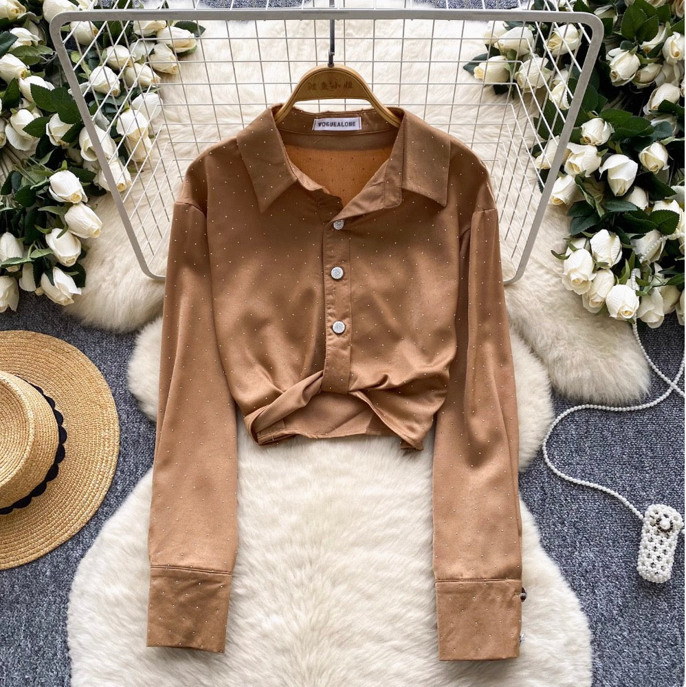 Chic Rhinestone Studded Knotted Shirt