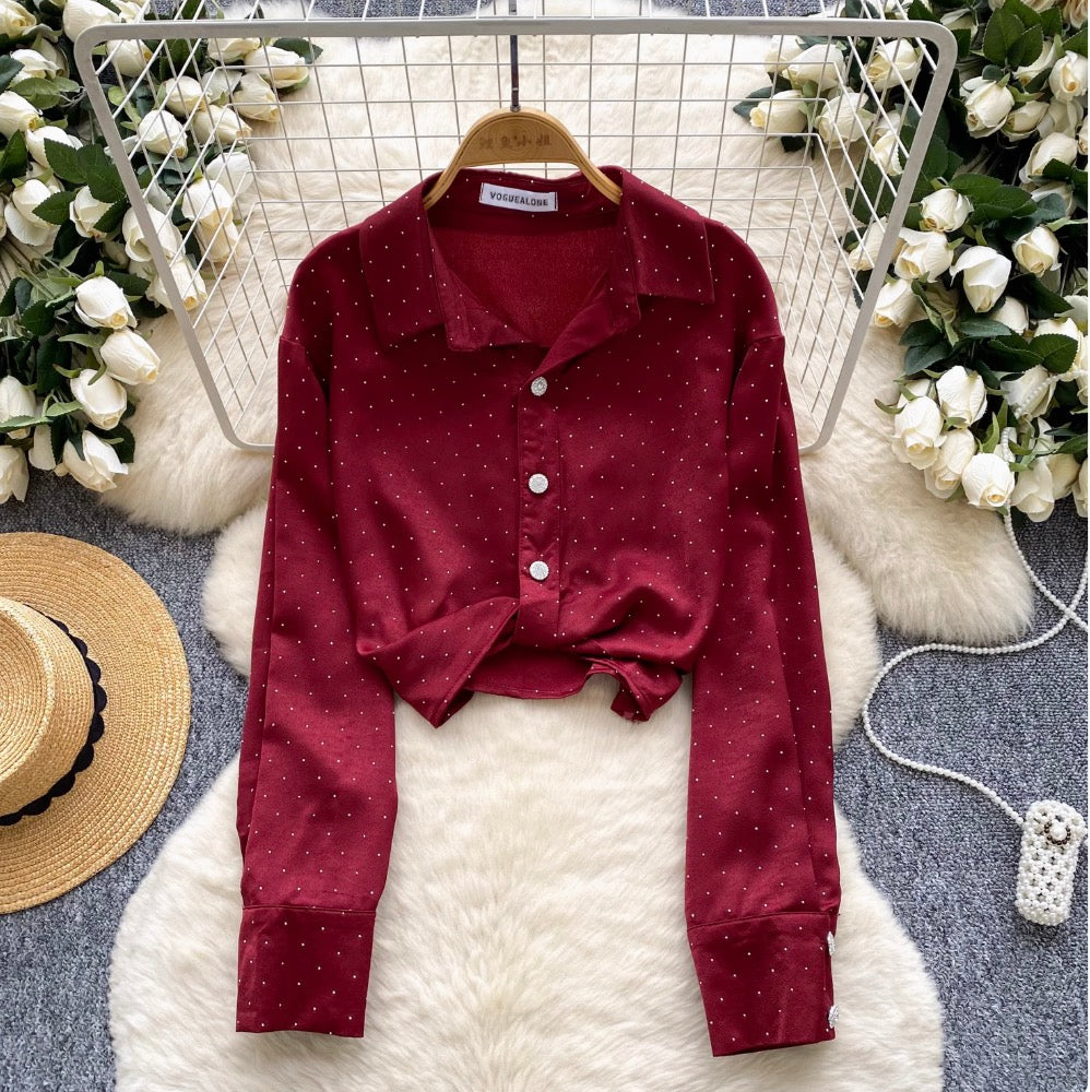 Chic Rhinestone Studded Knotted Shirt
