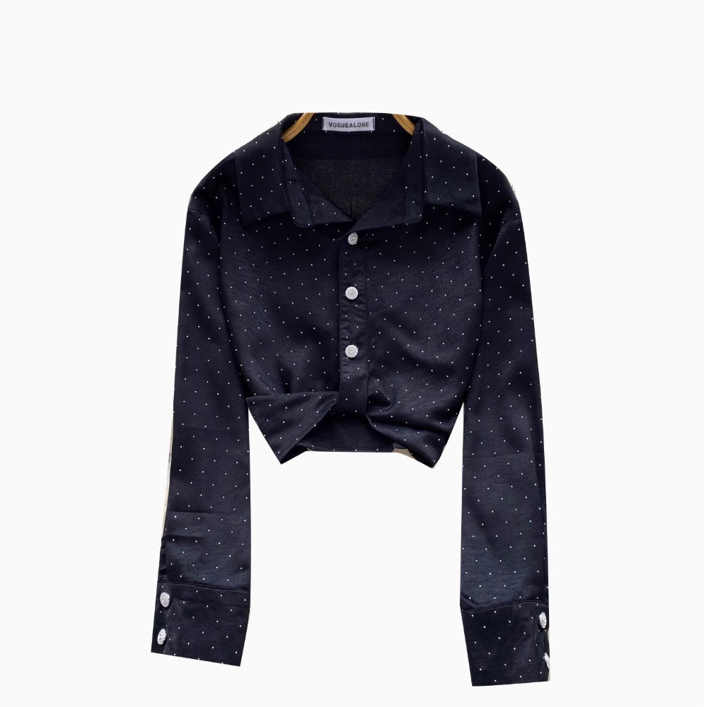 Chic Rhinestone Studded Knotted Shirt