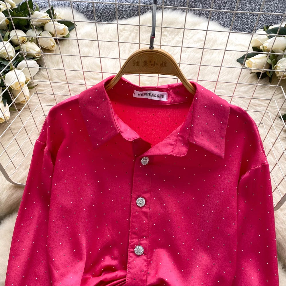 Chic Rhinestone Studded Knotted Shirt