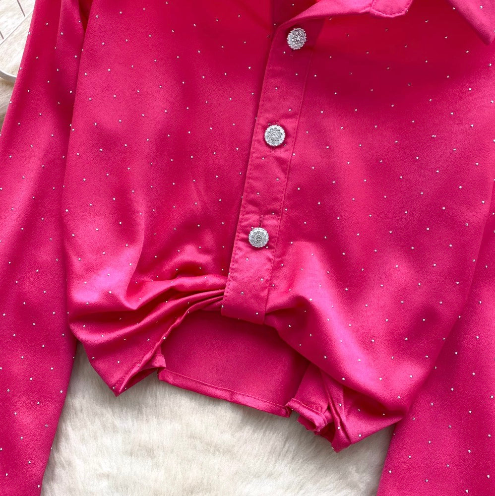 Chic Rhinestone Studded Knotted Shirt
