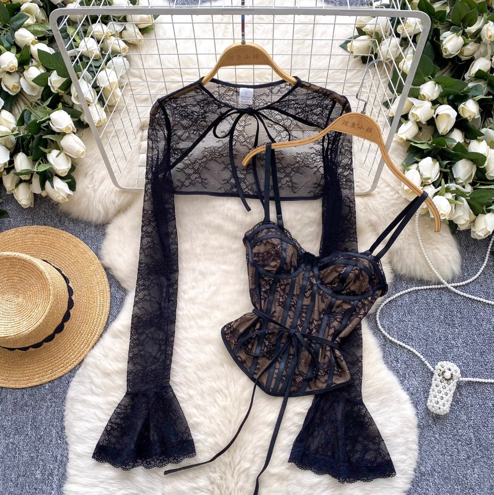 Black Lace Cape & Camisole 2Pcs