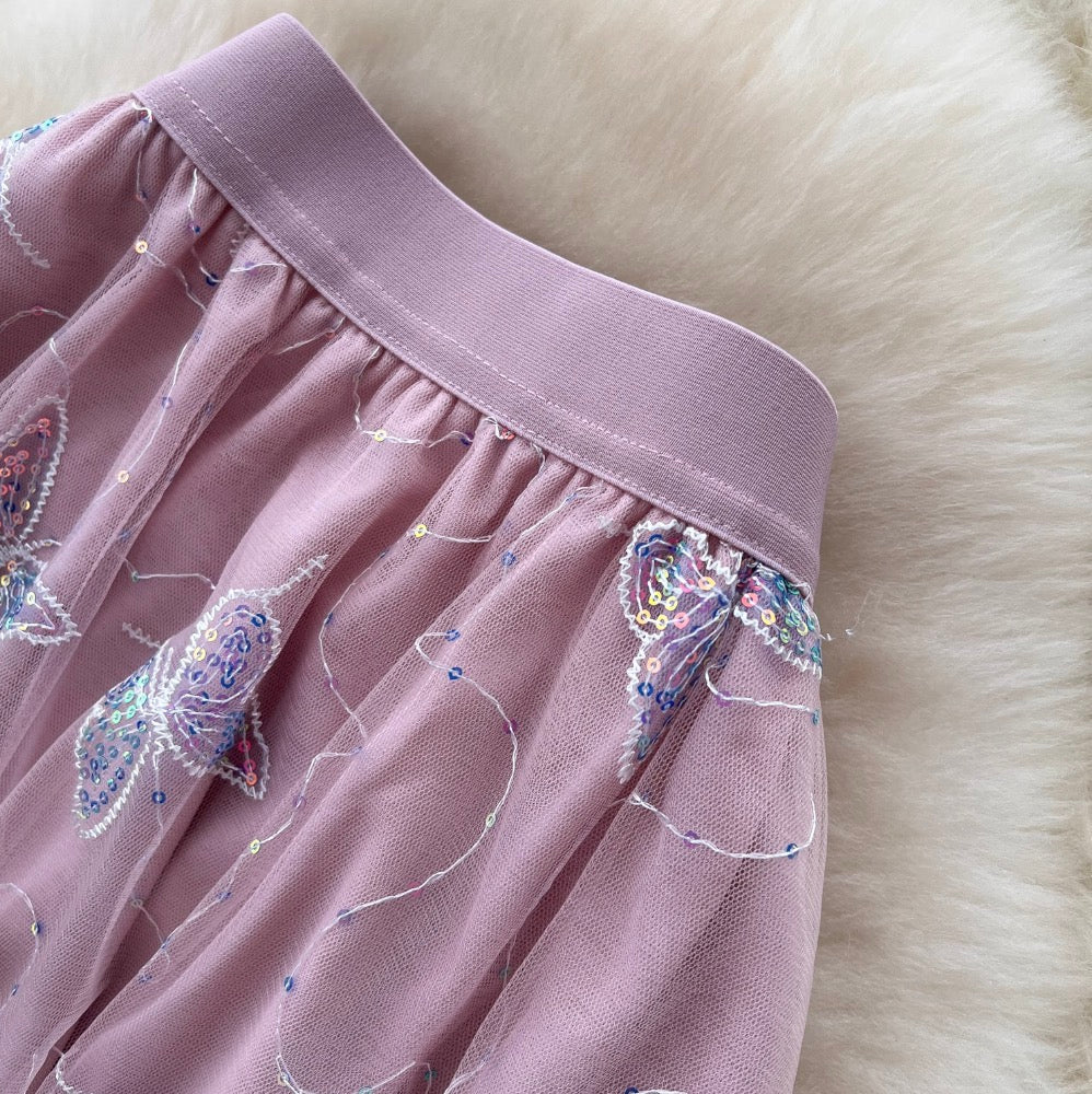 Sweetie Butterfly Sequined Mesh Skirt