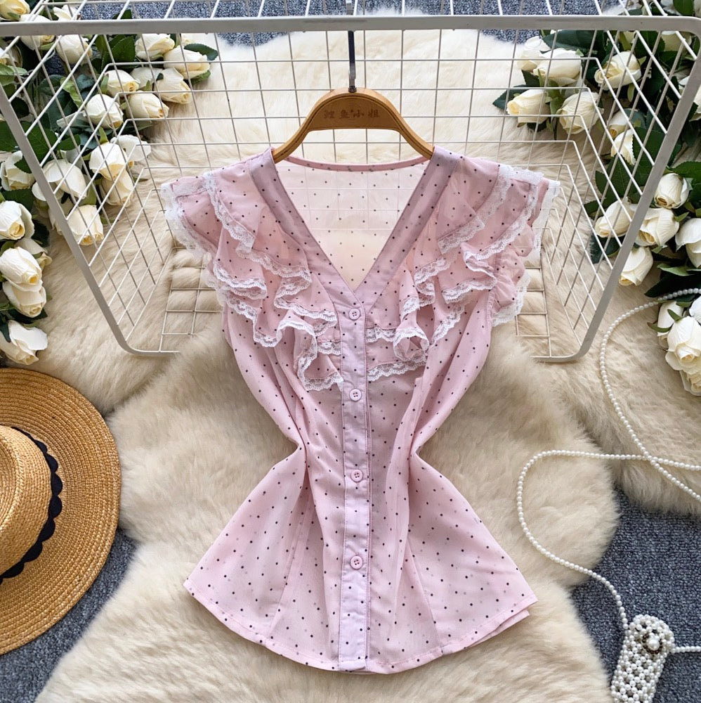 V-neck Ruffled Lace Collar Floral Shirt