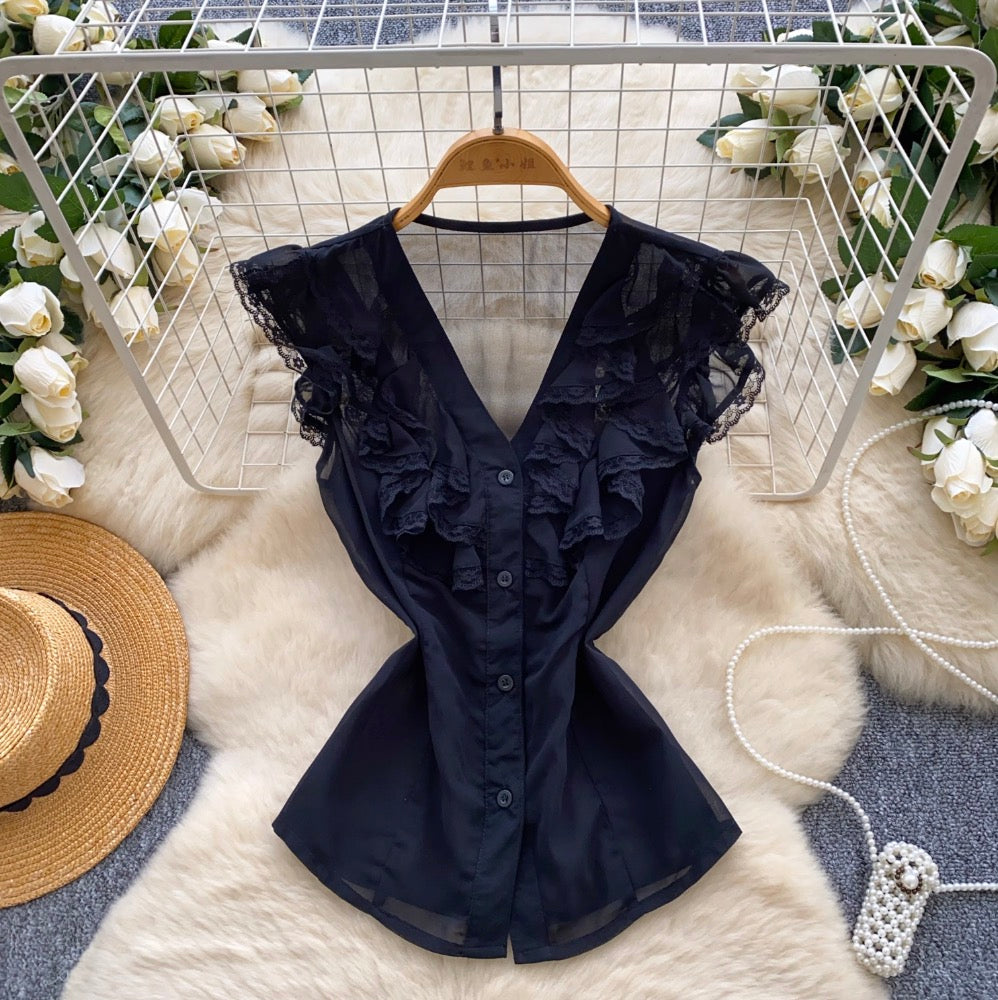 V-neck Ruffled Lace Collar Floral Shirt