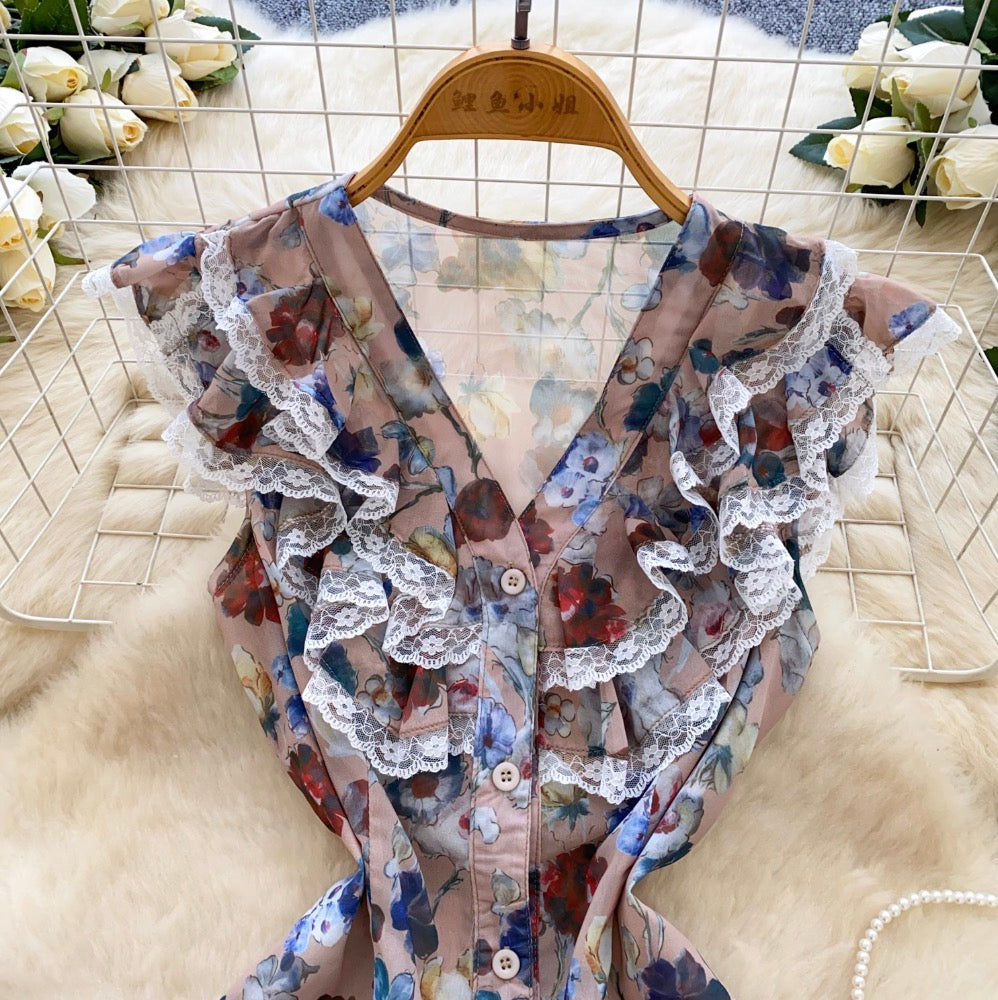 V-neck Ruffled Lace Collar Floral Shirt