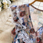 V-neck Ruffled Lace Collar Floral Shirt