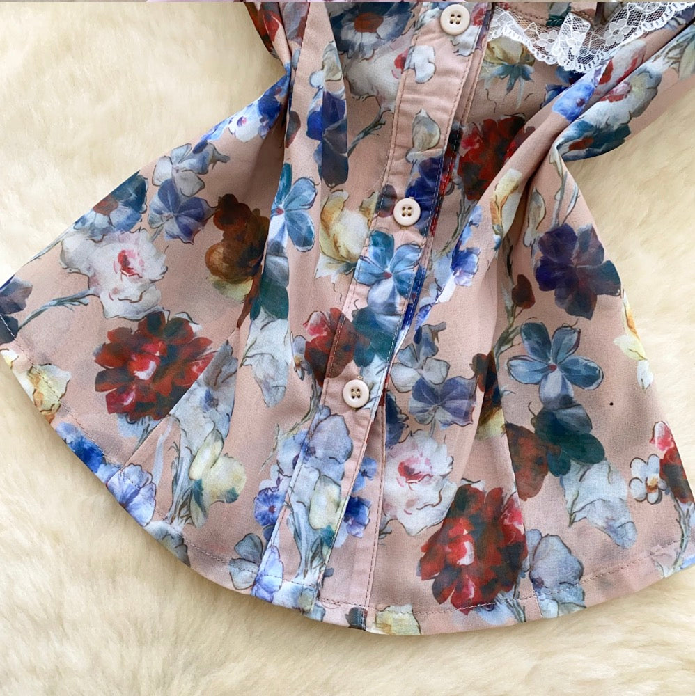 V-neck Ruffled Lace Collar Floral Shirt