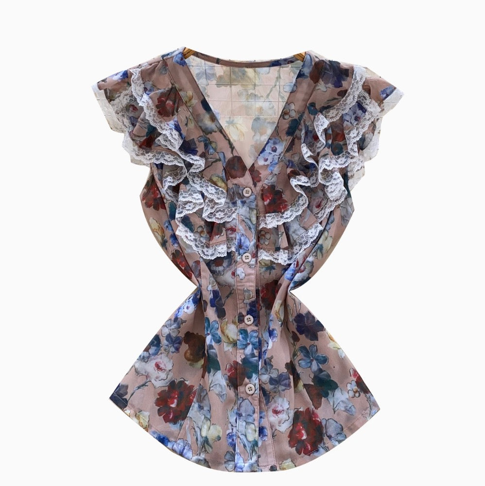 V-neck Ruffled Lace Collar Floral Shirt
