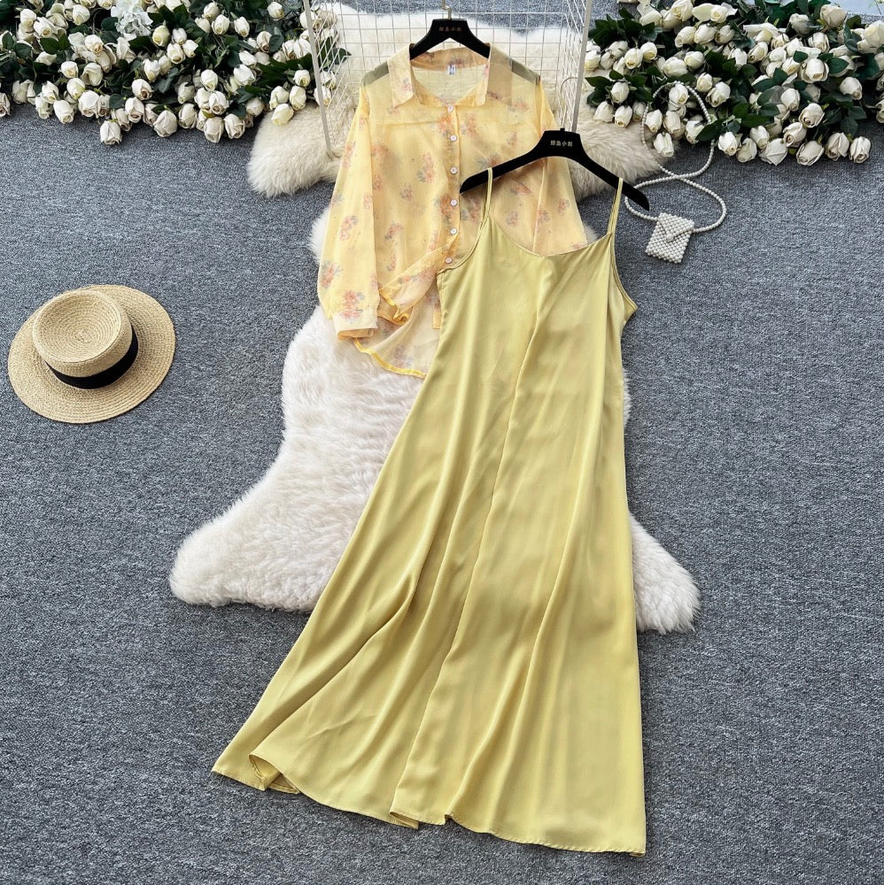 Floral Sunscreen Shirt & Slip Dress 2Pcs