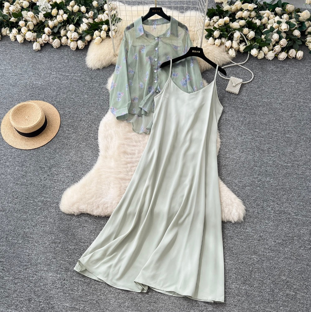 Floral Sunscreen Shirt & Slip Dress 2Pcs
