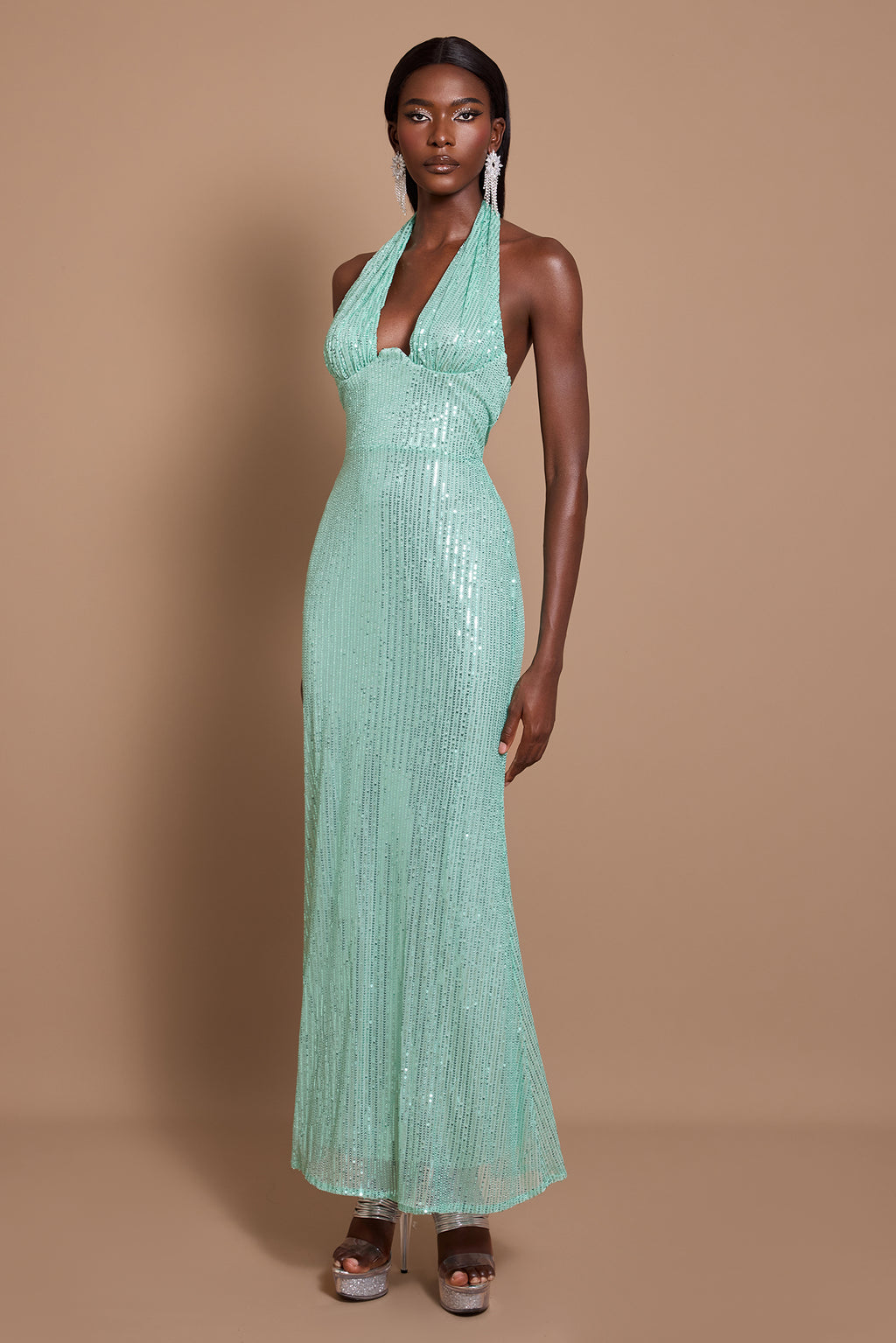 Sequin Halter Neck Backless Maxi Dress