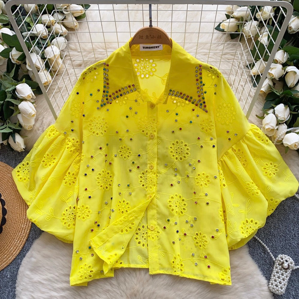 Courtly Beaded Hollowed Embroidery Shirt