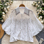 Courtly Beaded Hollowed Embroidery Shirt
