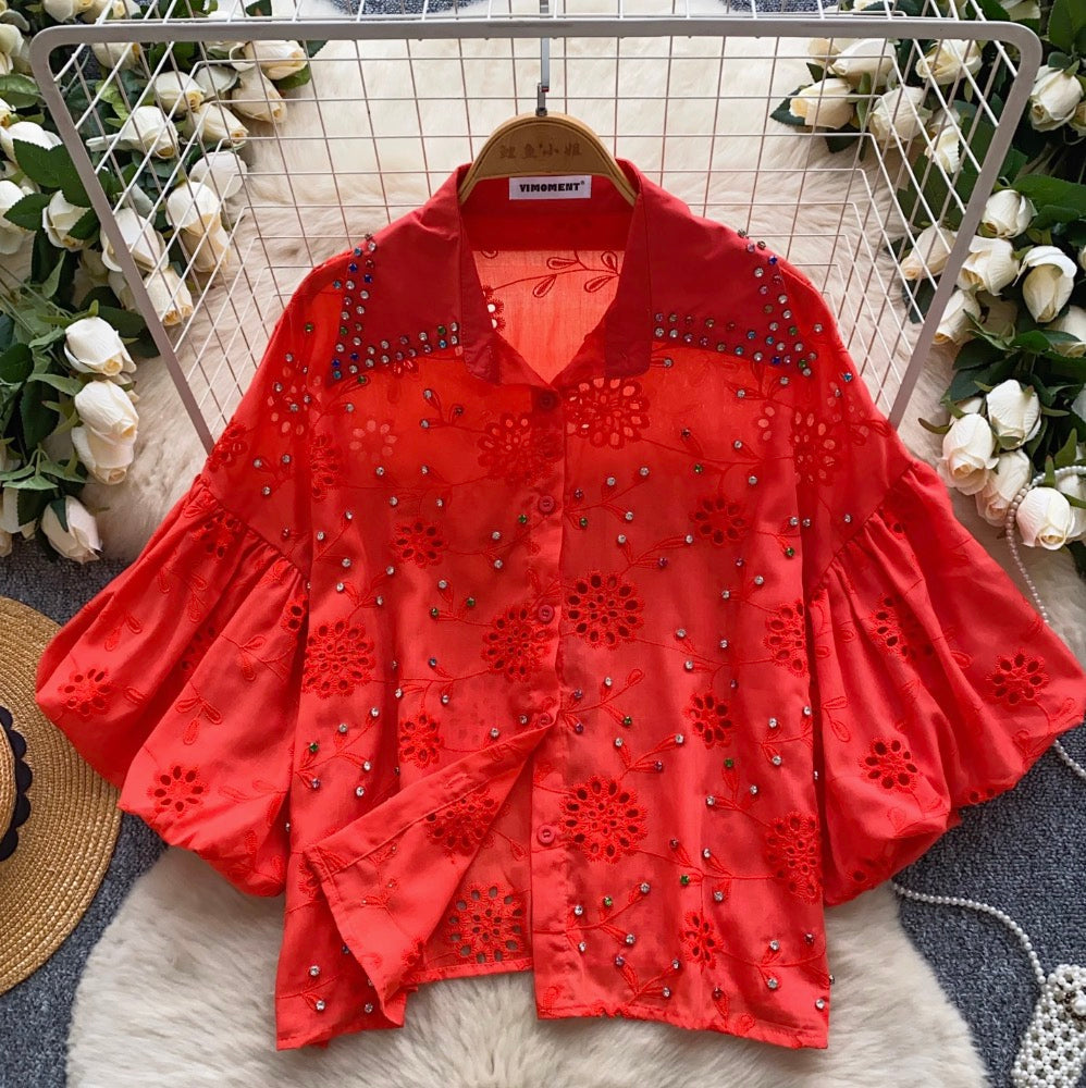 Courtly Beaded Hollowed Embroidery Shirt