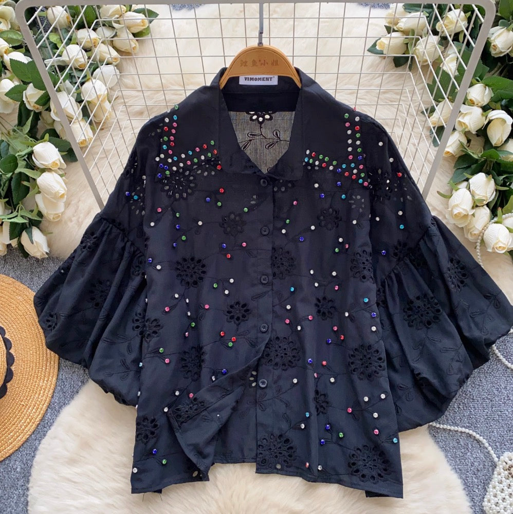 Courtly Beaded Hollowed Embroidery Shirt