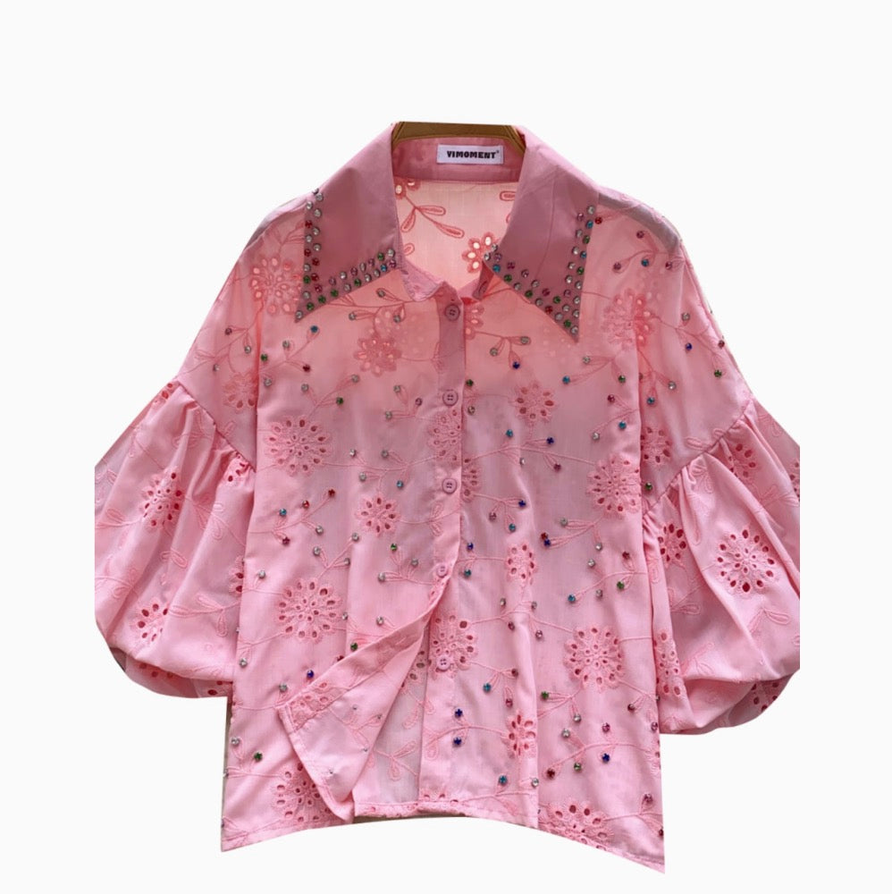 Courtly Beaded Hollowed Embroidery Shirt