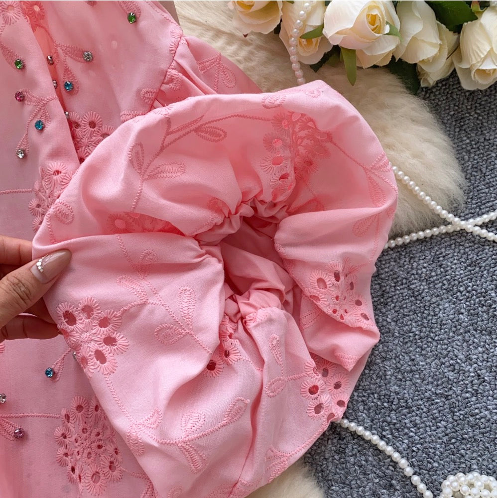 Courtly Beaded Hollowed Embroidery Shirt