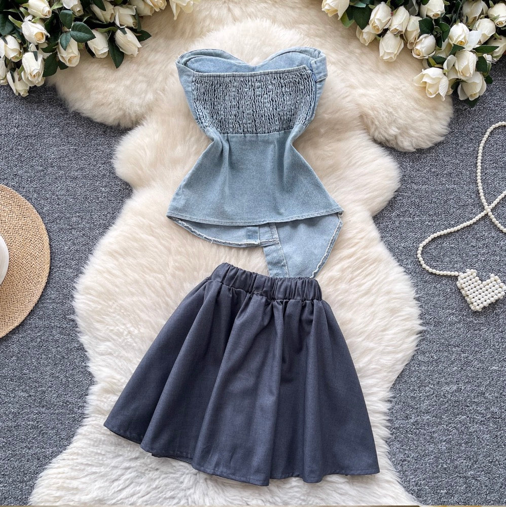 Asymmetric Top & Pleated Skirt Denim 2Pcs