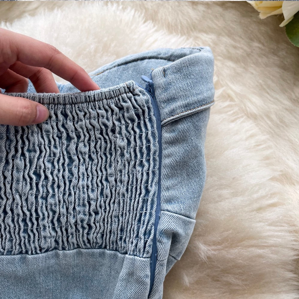Asymmetric Top & Pleated Skirt Denim 2Pcs