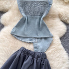 Asymmetric Top & Pleated Skirt Denim 2Pcs