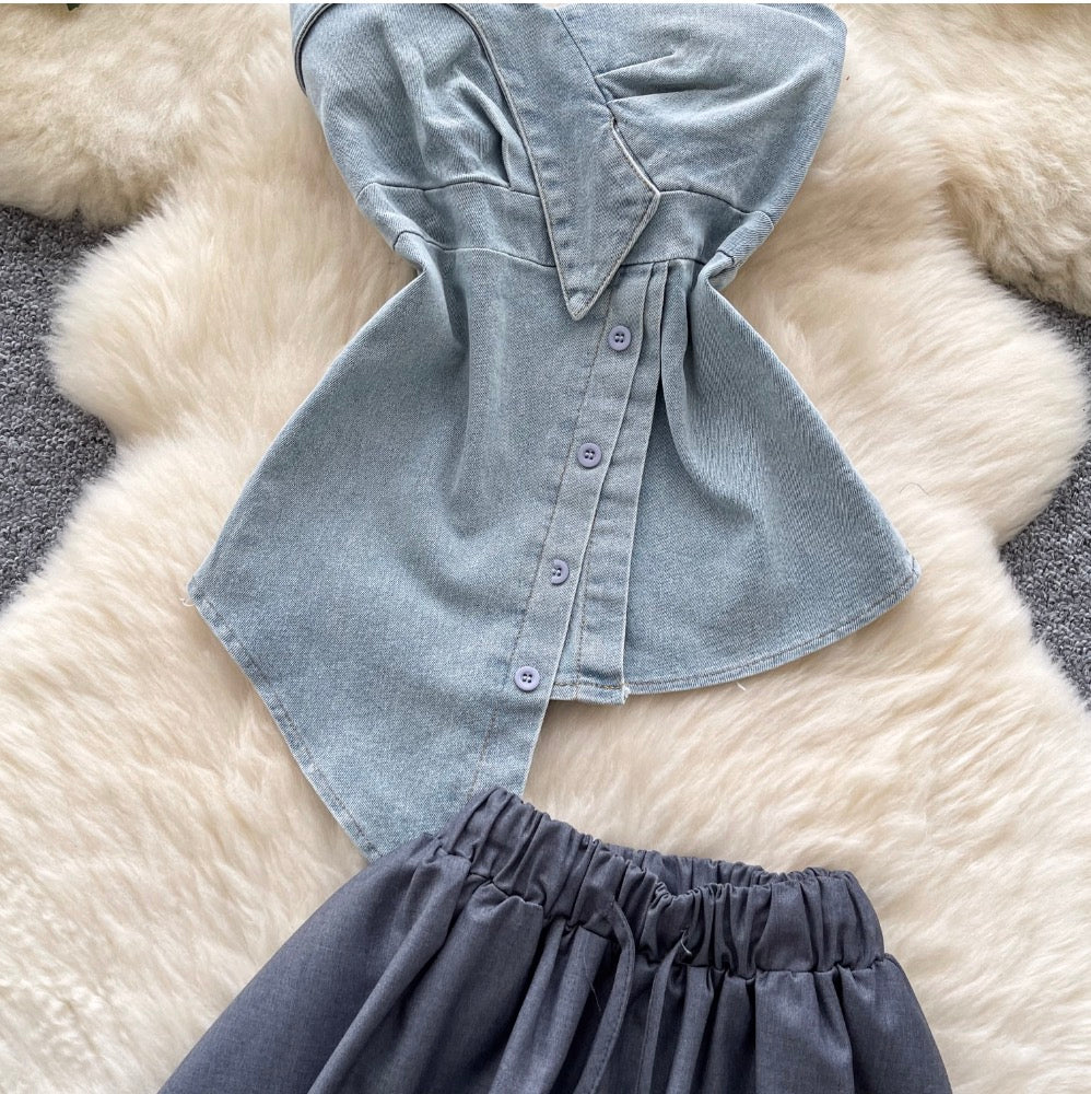 Asymmetric Top & Pleated Skirt Denim 2Pcs