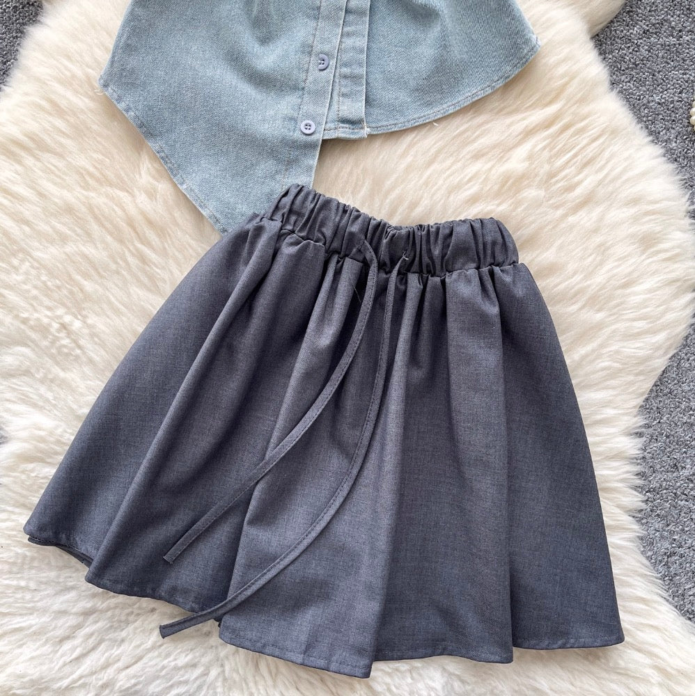 Asymmetric Top & Pleated Skirt Denim 2Pcs