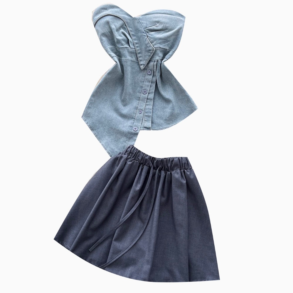 Asymmetric Top & Pleated Skirt Denim 2Pcs