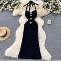 Metal Flower Black Halter Dress