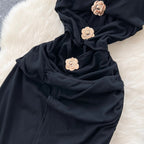 Metal Flower Black Halter Dress