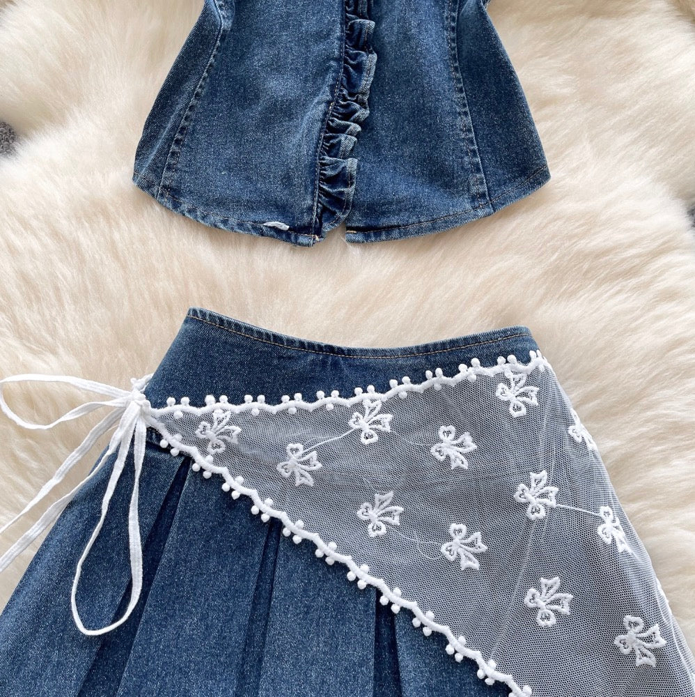 Tank Top & Lace-up Skirt Denim 2Pcs