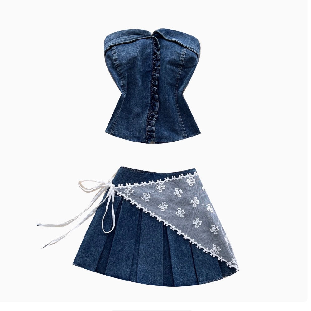Tank Top & Lace-up Skirt Denim 2Pcs