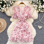 V-neck Puffy Sleeve Pink Floral Dress
