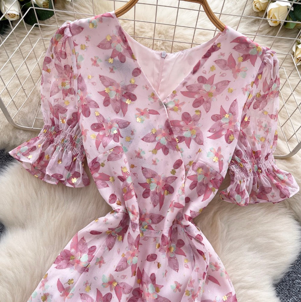 V-neck Puffy Sleeve Pink Floral Dress