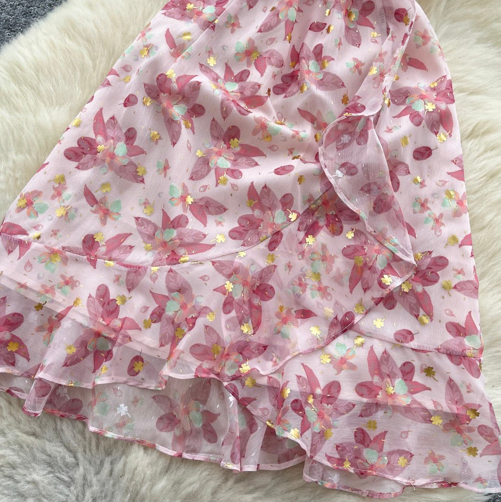V-neck Puffy Sleeve Pink Floral Dress