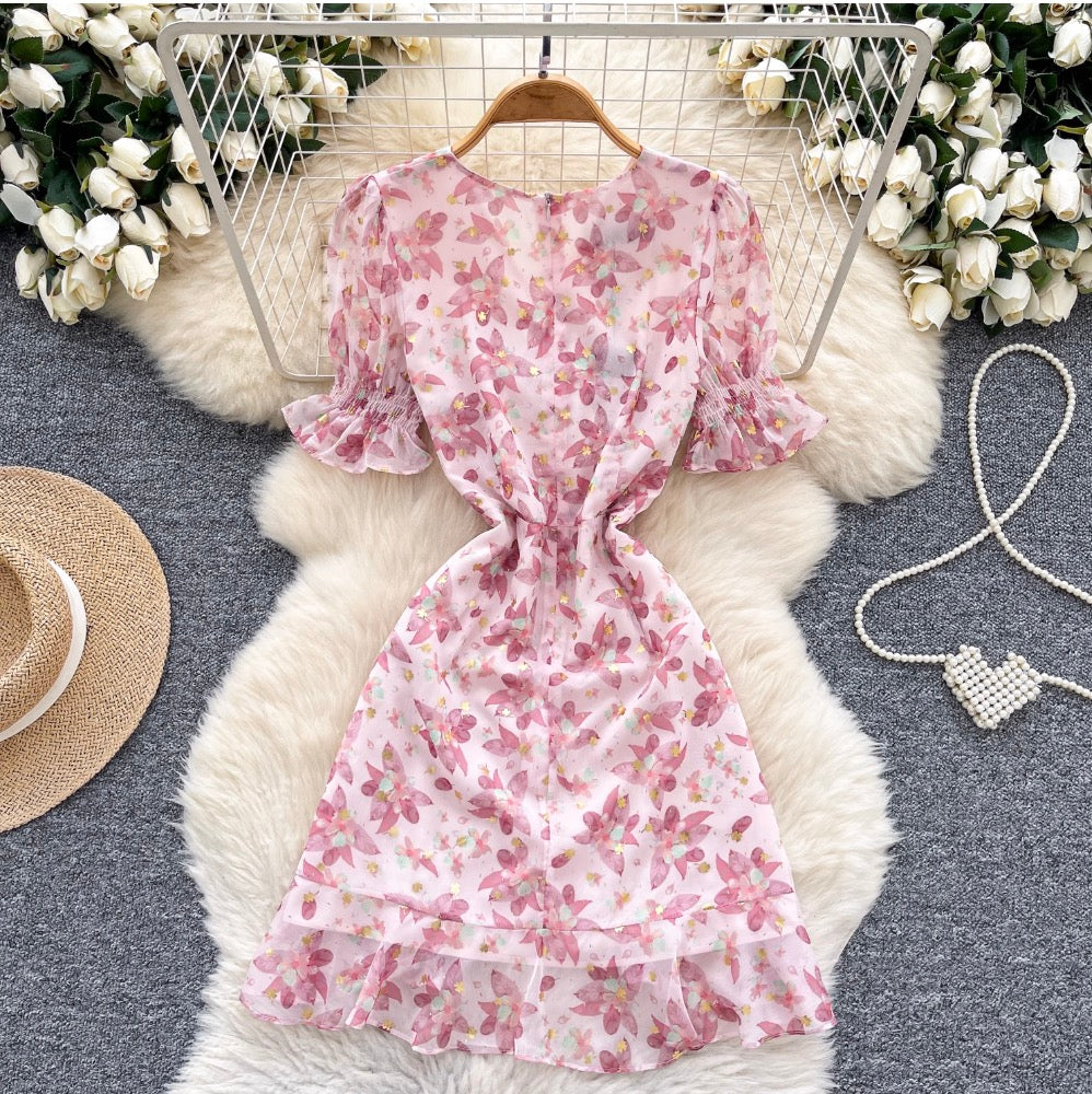 V-neck Puffy Sleeve Pink Floral Dress