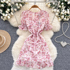 V-neck Puffy Sleeve Pink Floral Dress