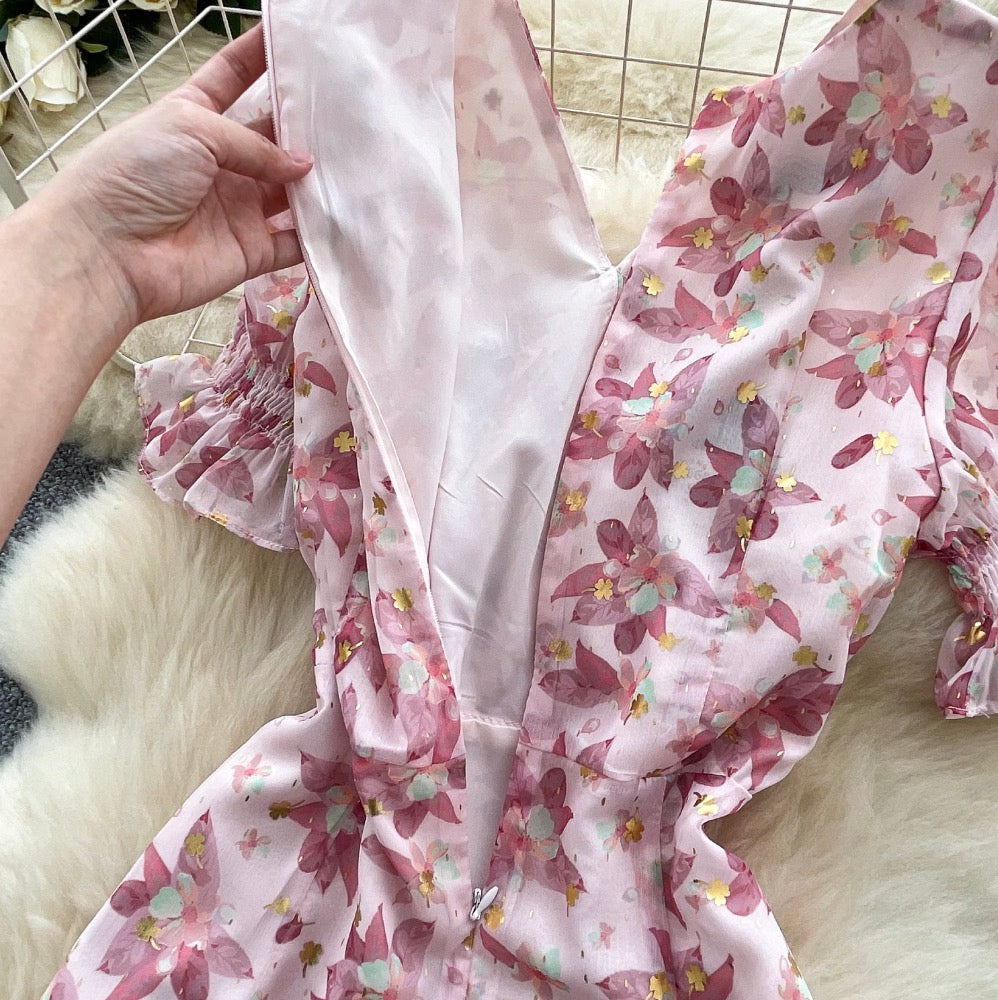 V-neck Puffy Sleeve Pink Floral Dress