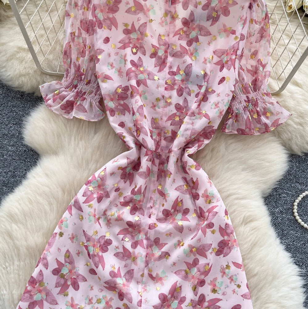 V-neck Puffy Sleeve Pink Floral Dress