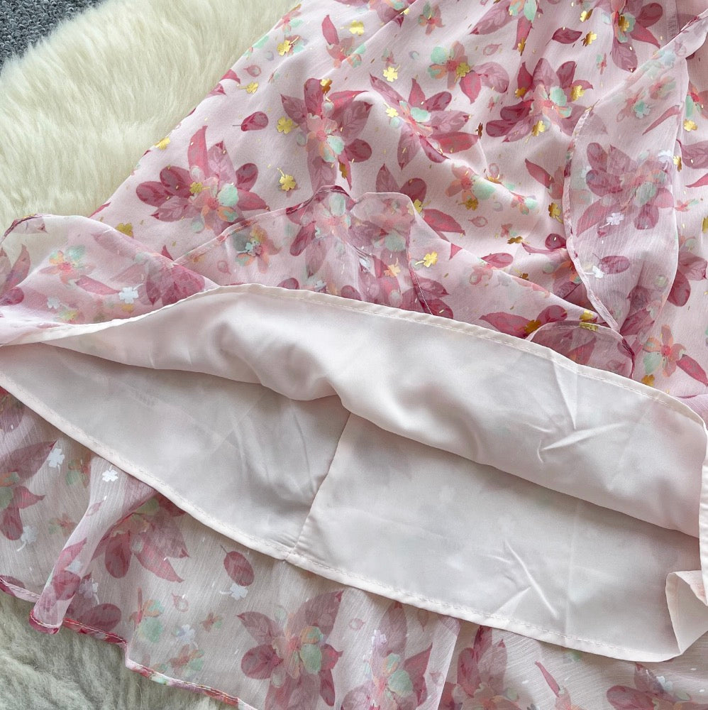 V-neck Puffy Sleeve Pink Floral Dress