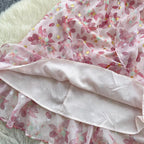 V-neck Puffy Sleeve Pink Floral Dress
