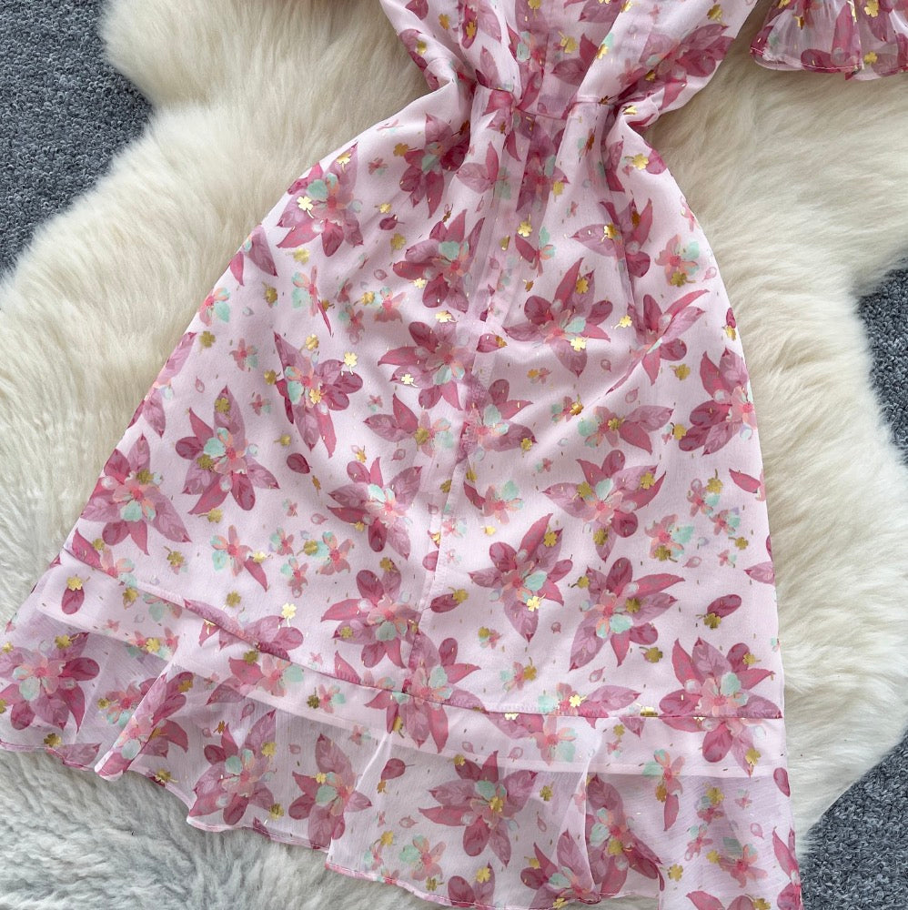 V-neck Puffy Sleeve Pink Floral Dress