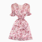V-neck Puffy Sleeve Pink Floral Dress