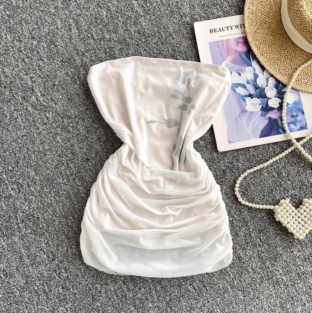 Off-shoulder Pleated Mesh Tank Top