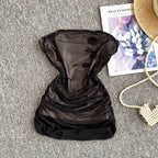 Off-shoulder Pleated Mesh Tank Top