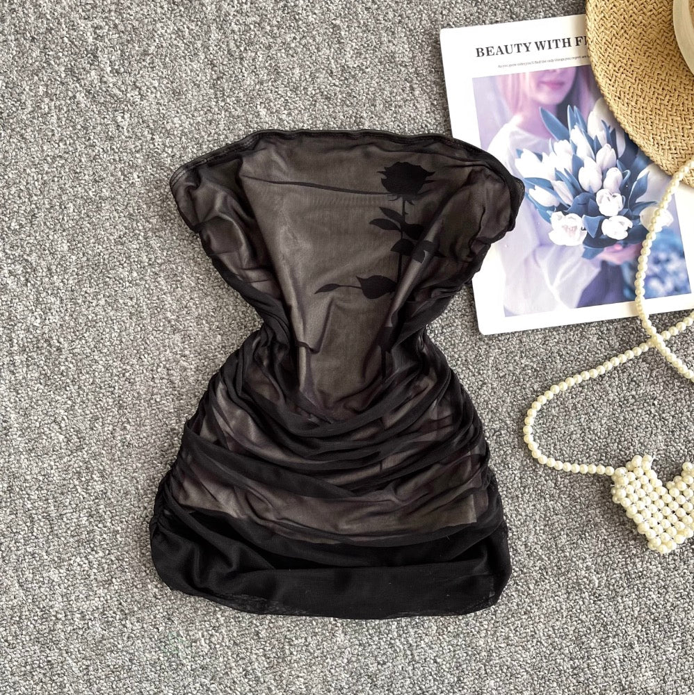Off-shoulder Pleated Mesh Tank Top