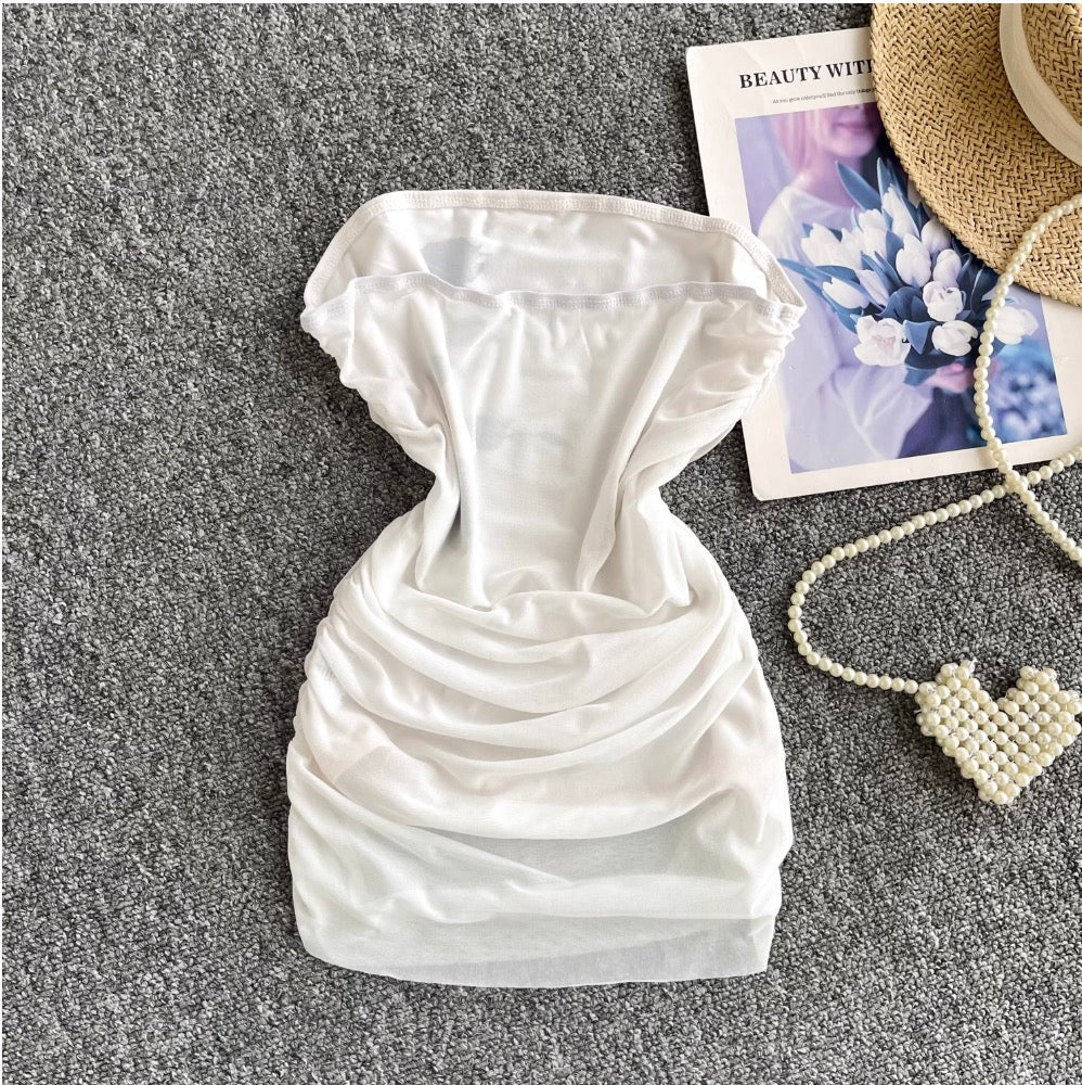 Off-shoulder Pleated Mesh Tank Top